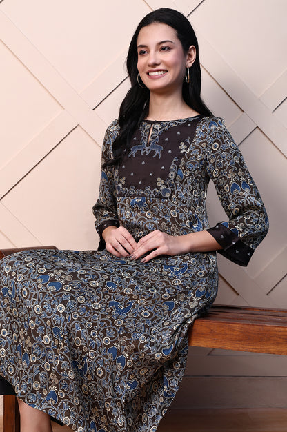 Brown Ajrak Printed Embroidered Modal Satin Flared Kurta