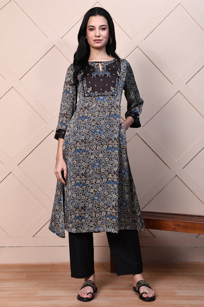 Brown Ajrak Printed Embroidered Modal Satin Flared Kurta