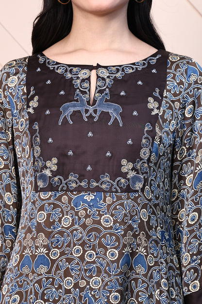 Brown Ajrak Printed Embroidered Modal Satin Flared Kurta