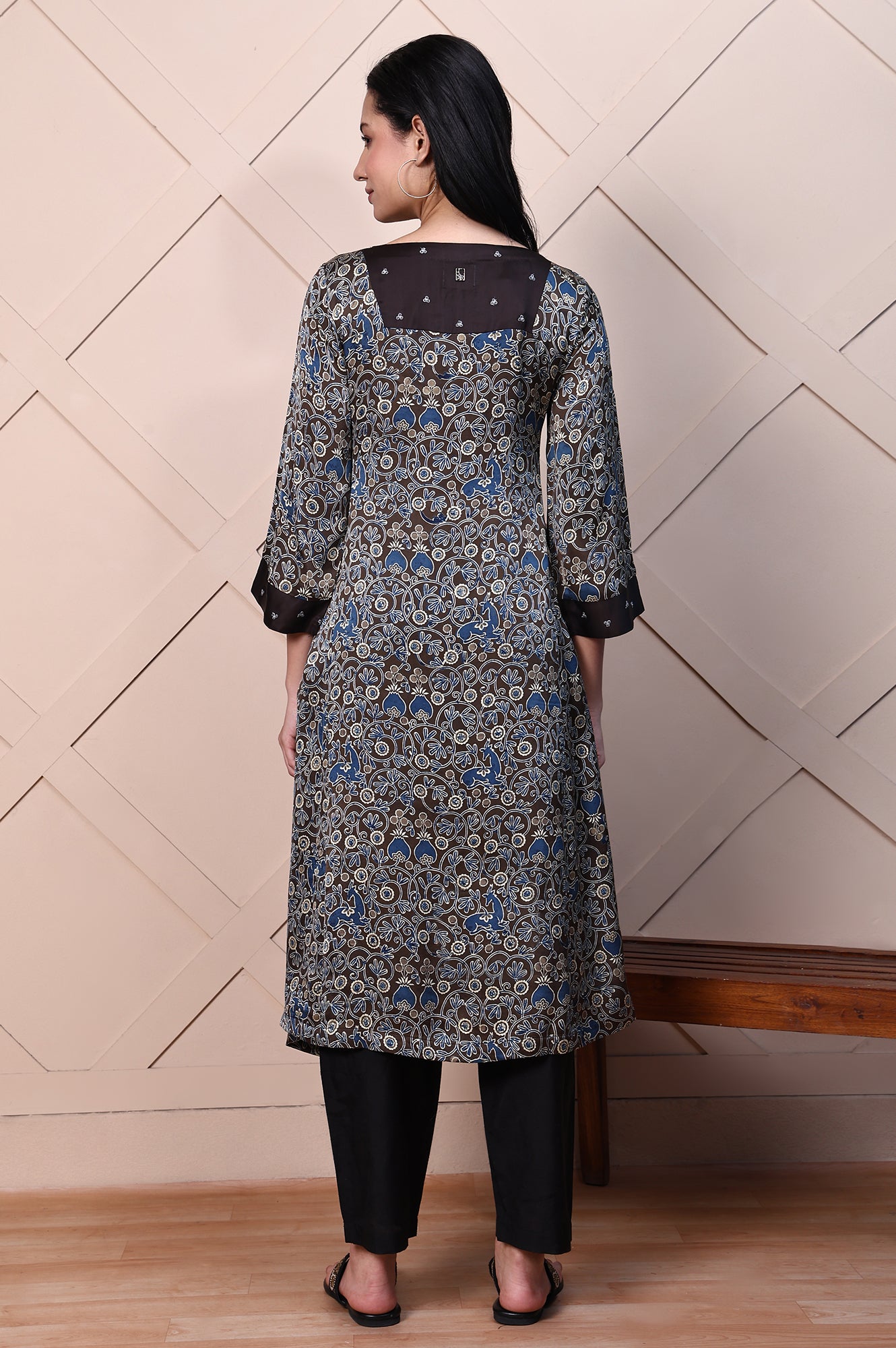 Brown Ajrak Printed Embroidered Modal Satin Flared Kurta
