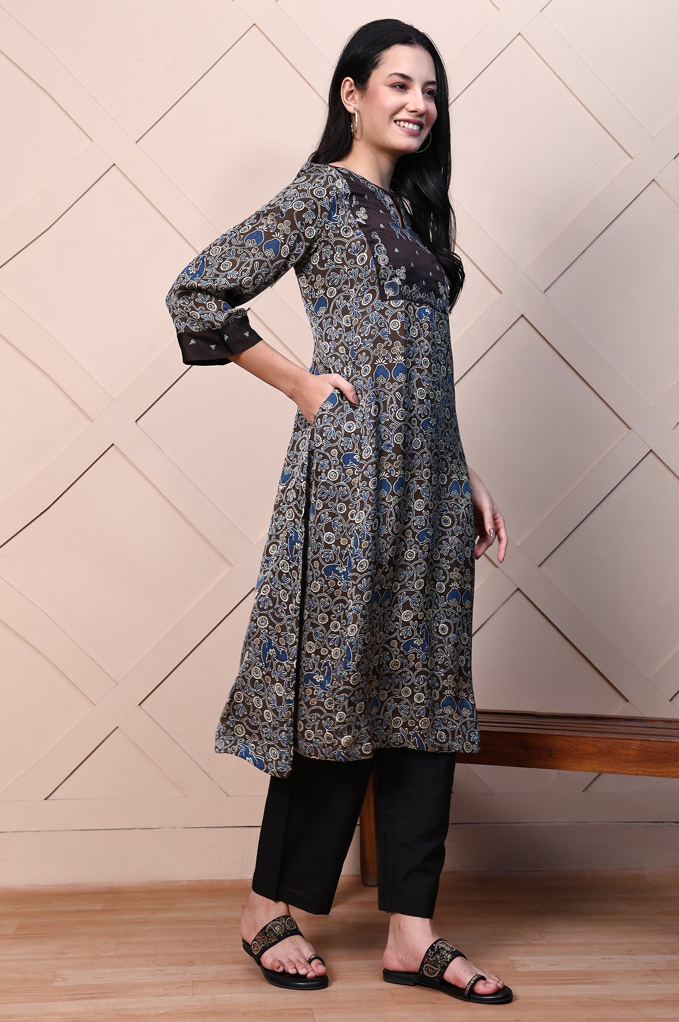 Brown Ajrak Printed Embroidered Modal Satin Flared Kurta