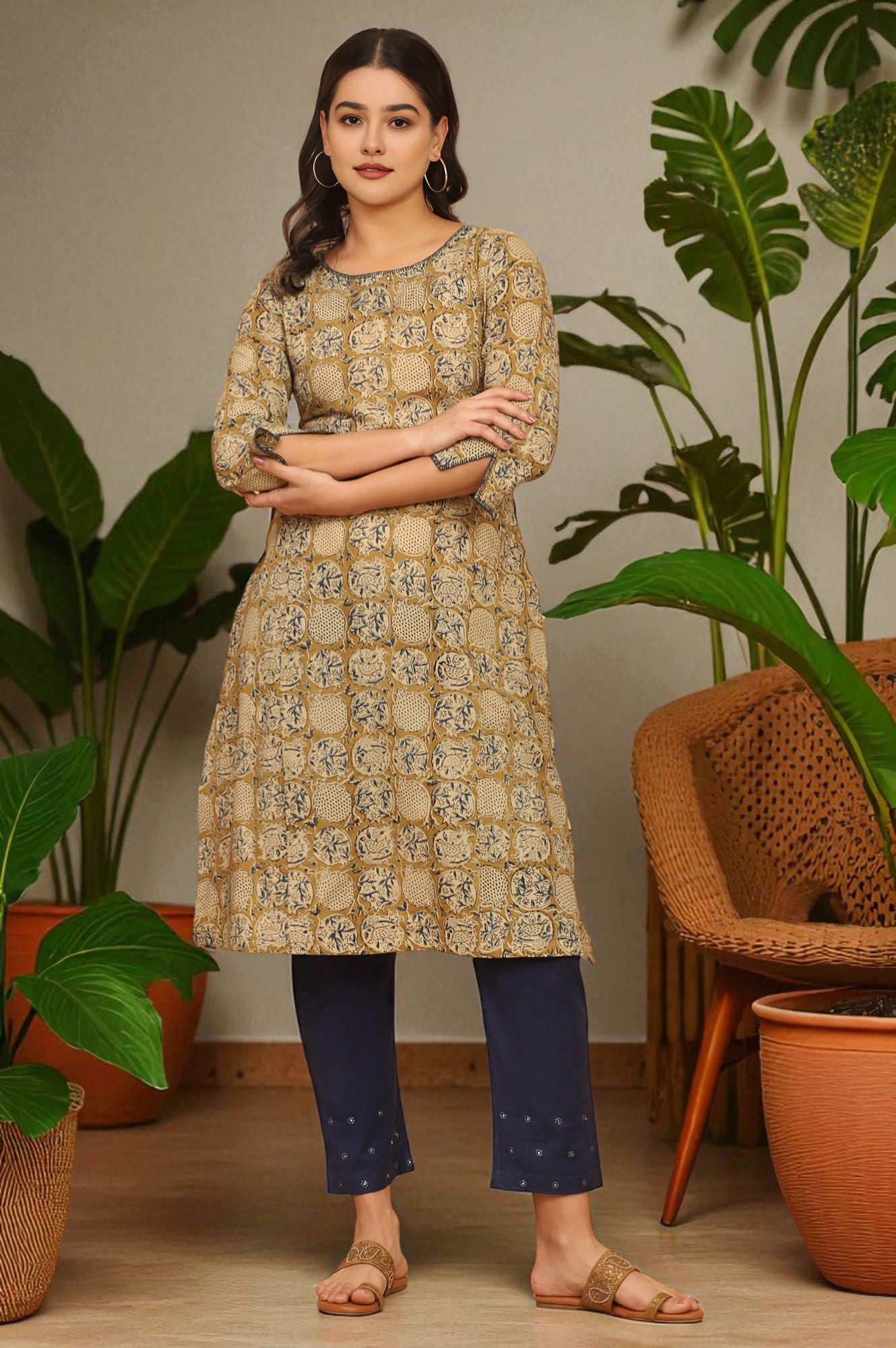 Mustard Yellow Handblock Print Kalamkari Kurta