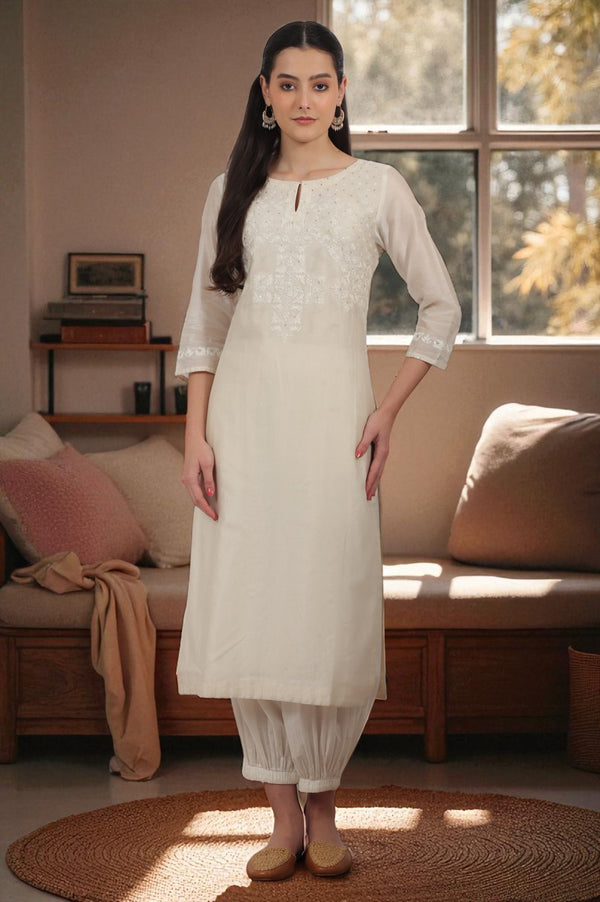Ecru Embroidered Kurta in Cotton Silk