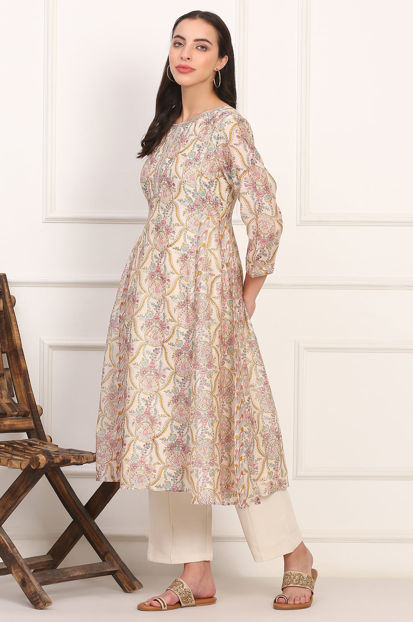 Cream Hand Block Floral Printed Metallic Embroidery Cotton Silk Kurta