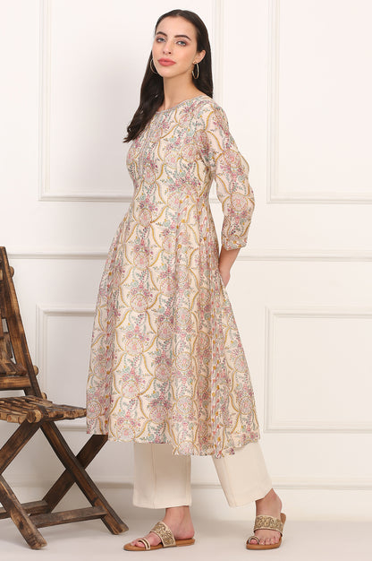 Cream Hand Block Floral Printed Metallic Embroidery Cotton Silk Kurta