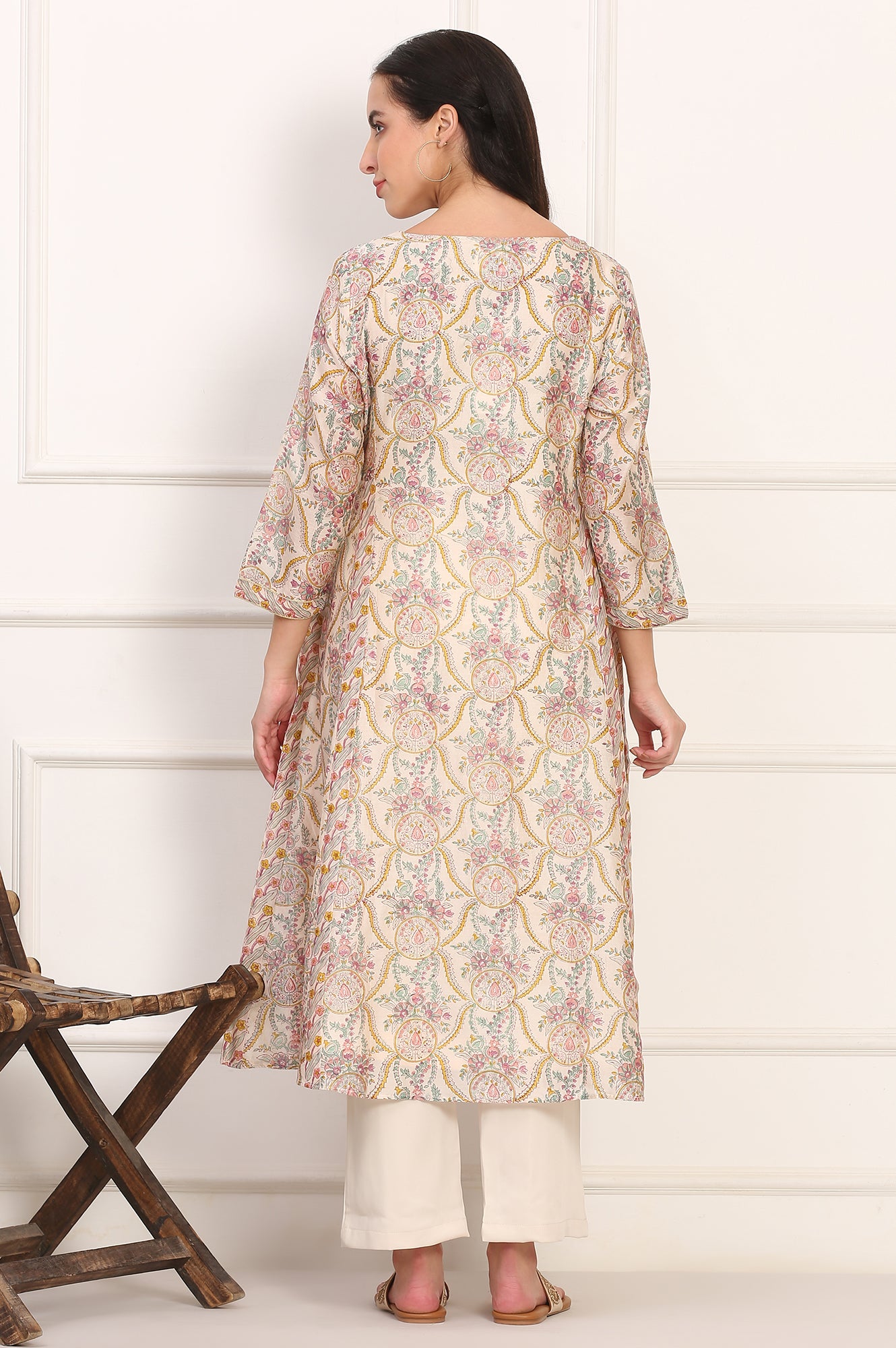 Cream Hand Block Floral Printed Metallic Embroidery Cotton Silk Kurta