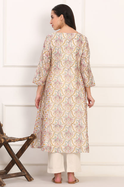 Cream Hand Block Floral Printed Metallic Embroidery Cotton Silk Kurta