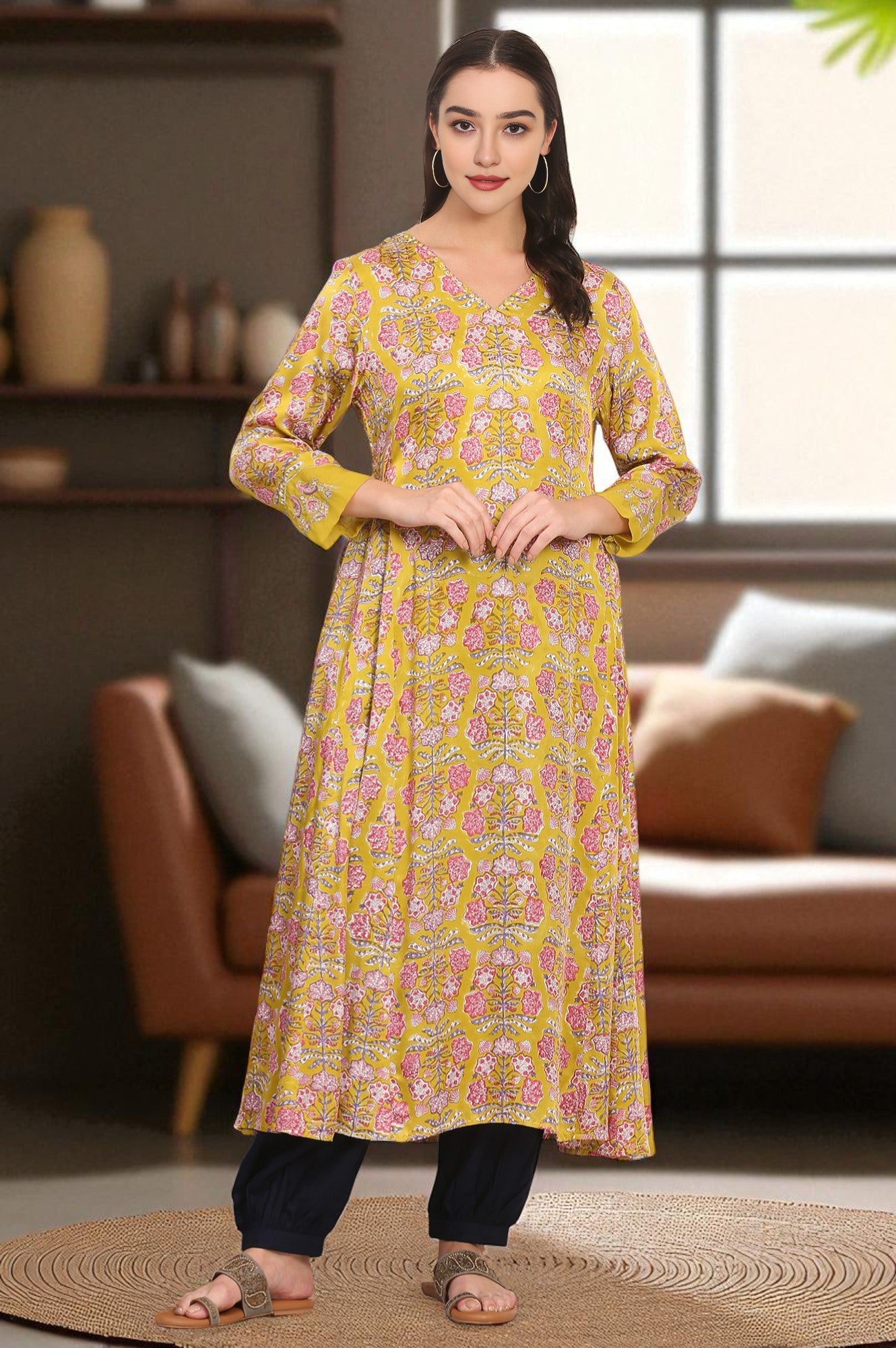Yellow Hand Block Floral Printed Mirror Work Calf-Length Modal Satin Anarkali Kurta