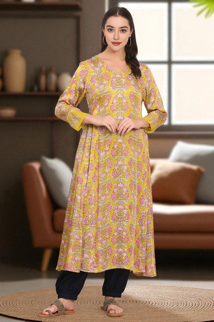 Yellow Hand Block Floral Printed Mirror Work Calf-Length Modal Satin Anarkali Kurta