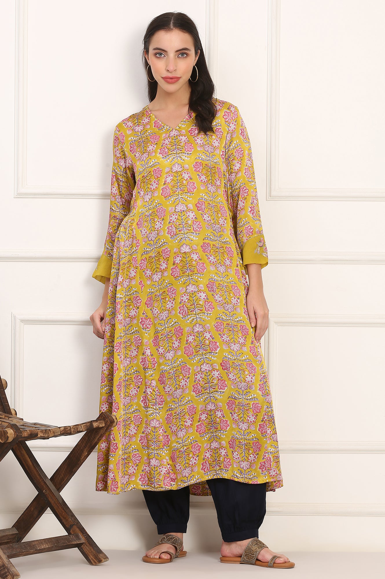 Yellow Hand Block Floral Printed Mirror Work Calf-Length Modal Satin Anarkali Kurta