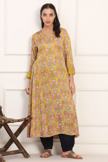Yellow Hand Block Floral Printed Mirror Work Calf-Length Modal Satin Anarkali Kurta
