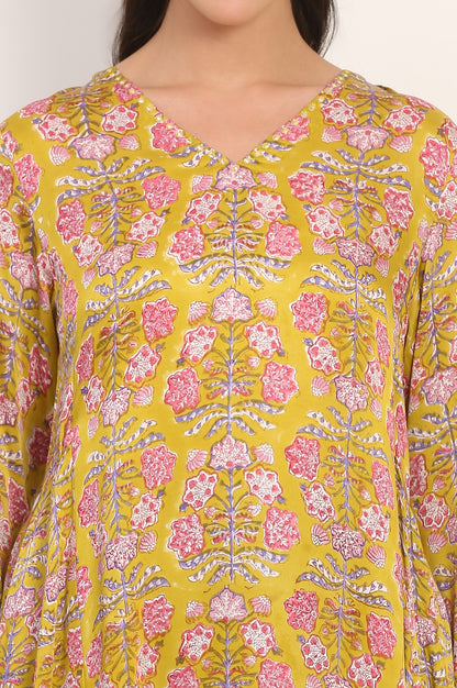 Yellow Hand Block Floral Printed Mirror Work Calf-Length Modal Satin Anarkali Kurta