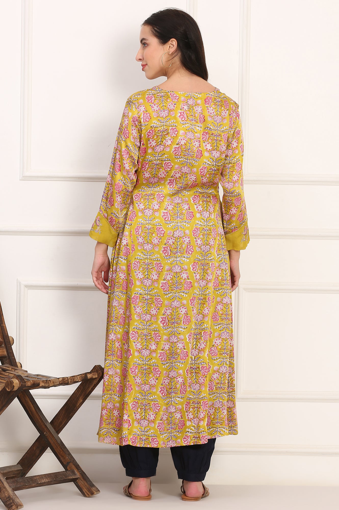 Yellow Hand Block Floral Printed Mirror Work Calf-Length Modal Satin Anarkali Kurta