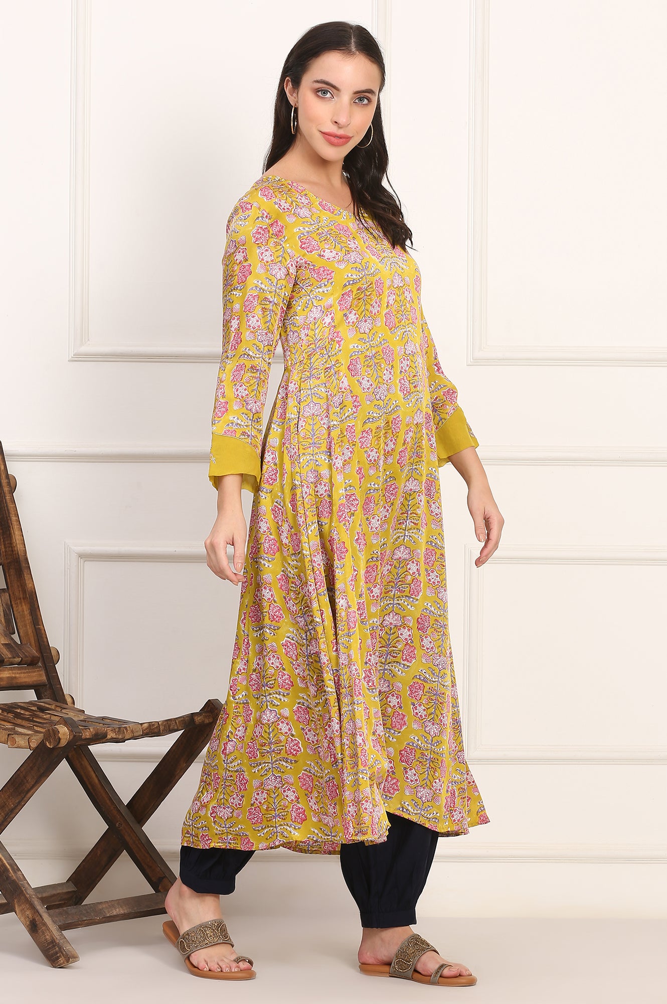Yellow Hand Block Floral Printed Mirror Work Calf-Length Modal Satin Anarkali Kurta