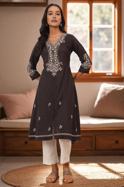 Dark Brown Chikankari Kurta in Soft Voile
