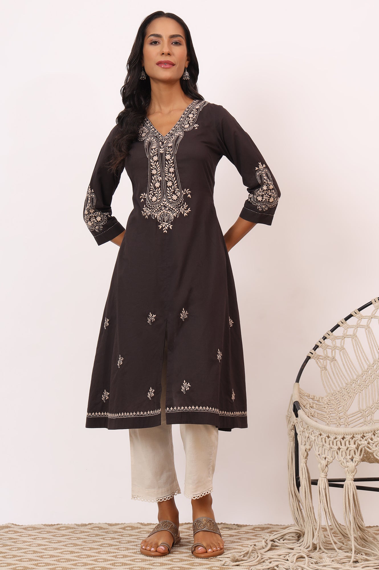 Dark Brown Chikankari Kurta in Soft Voile