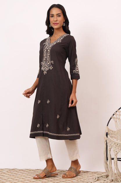 Dark Brown Chikankari Kurta in Soft Voile