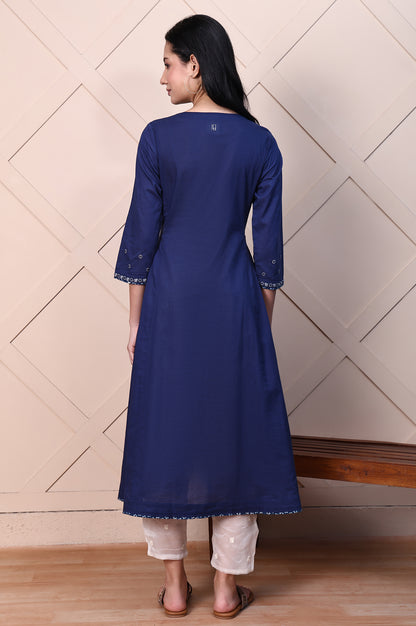 Blue Aari Embroidered Yoke Pure Cotton Flared Kurta