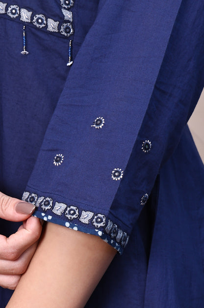 Blue Aari Embroidered Yoke Pure Cotton Flared Kurta