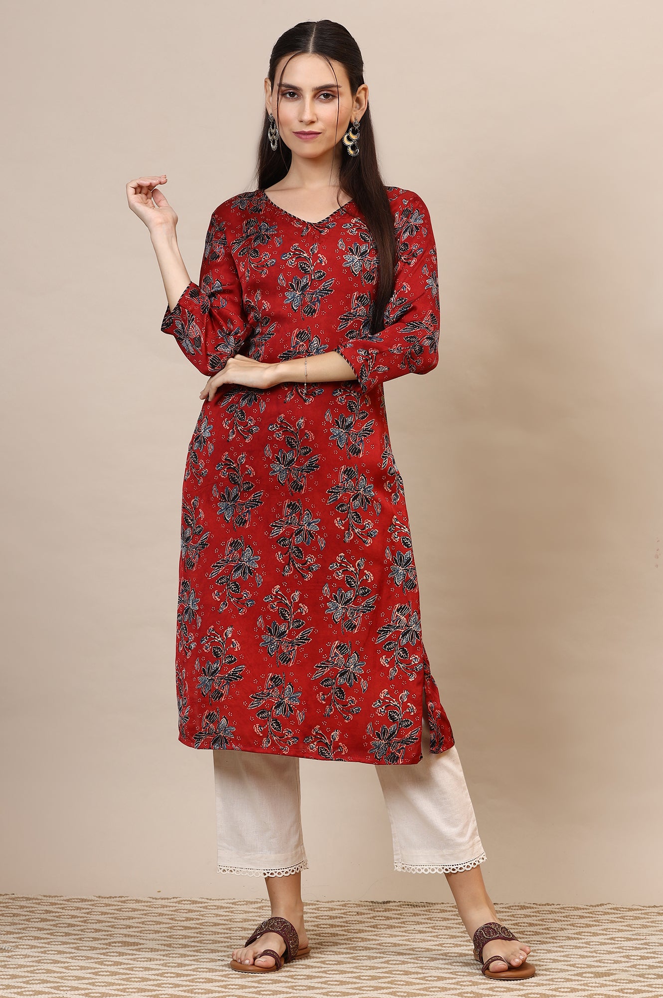 Red Handblock Ajrakh Printed Kurta in Lustrous Modal Satin