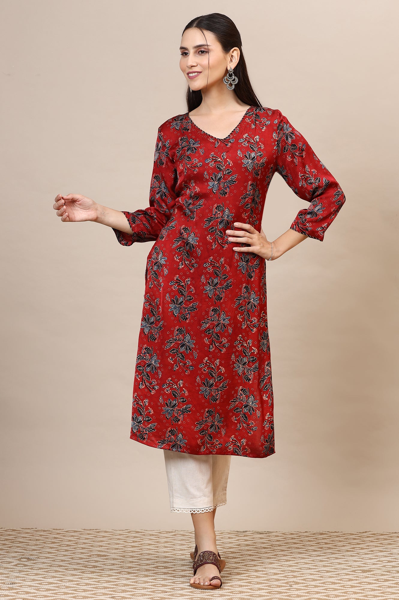 Red Handblock Ajrakh Printed Kurta in Lustrous Modal Satin