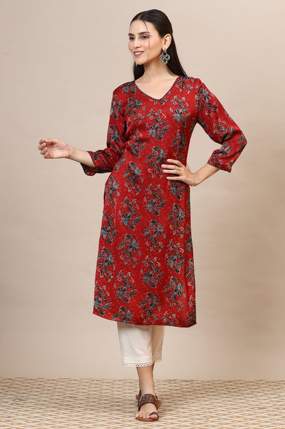 Red Handblock Ajrakh Printed Kurta in Lustrous Modal Satin