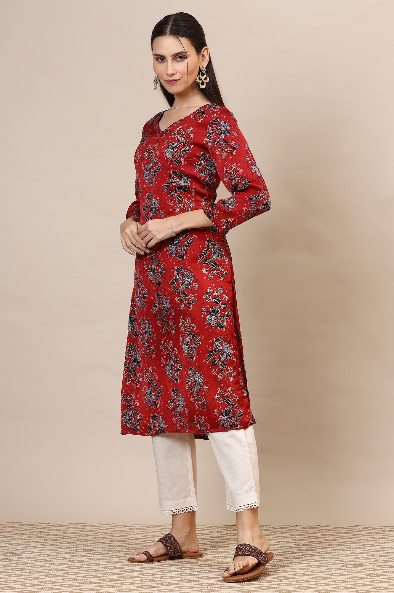 Red Handblock Ajrakh Printed Kurta in Lustrous Modal Satin