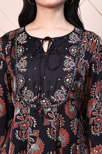 Black Ajrak Printed Satin Flared Kurta with Aari Embroidery on Yoke