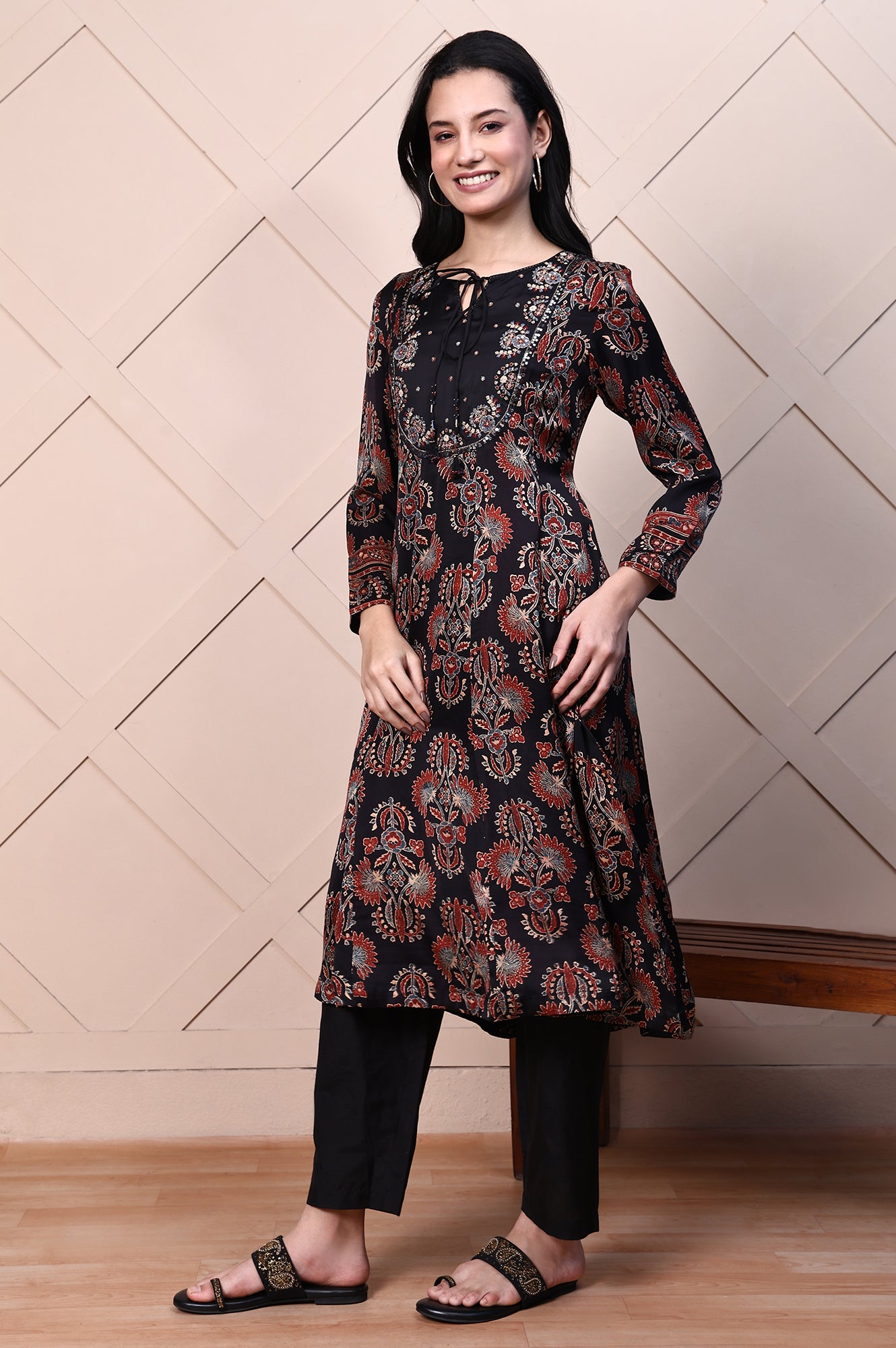 Black Ajrak Printed Satin Flared Kurta with Aari Embroidery on Yoke