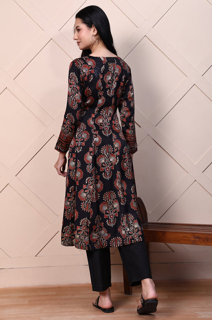 Black Ajrak Printed Satin Flared Kurta with Aari Embroidery on Yoke