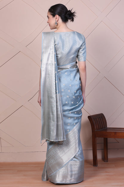 Blue Embellished Silk Jacquard Saree with Unstitched Blouse