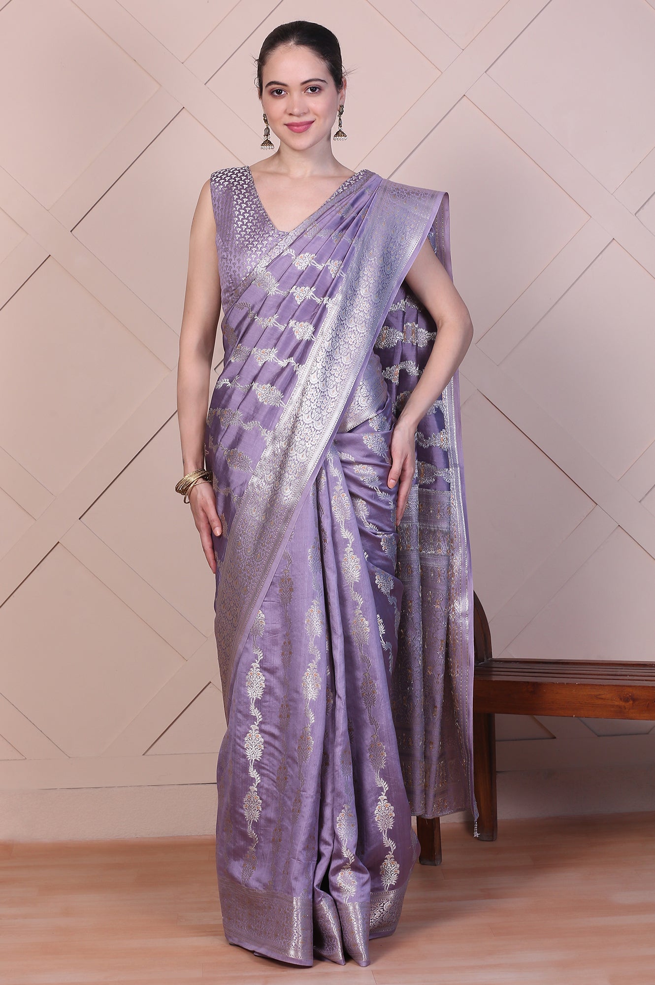 Purple Embellished Silk Jacquard Purple Saree with Unstitched Blouse