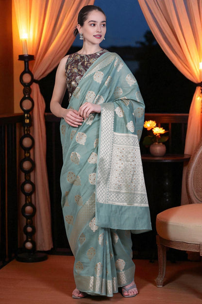 Green Embellished Silk Jacquard Saree with Unstitched Blouse