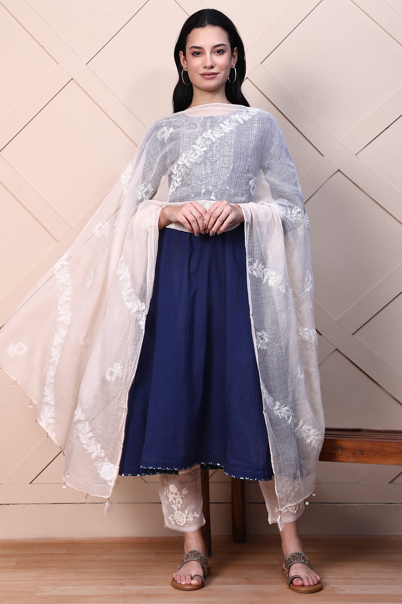 White Thread Embroidered Semi Sheer Cotton Silk Dupatta with Tassels