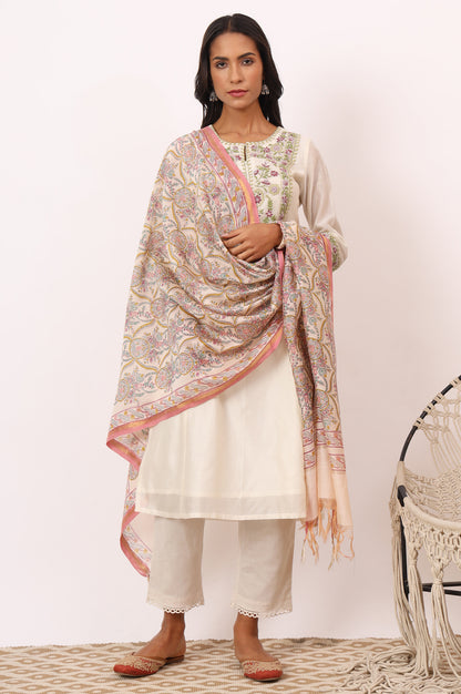 White Hand Block Printed Cotton Silk Dupatta