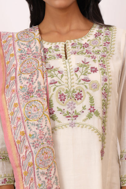 White Hand Block Printed Cotton Silk Dupatta