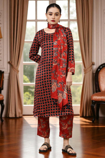 Red Ajrakh Printed Kurta, Straight Pants and Dupatta Set in Modal Satin