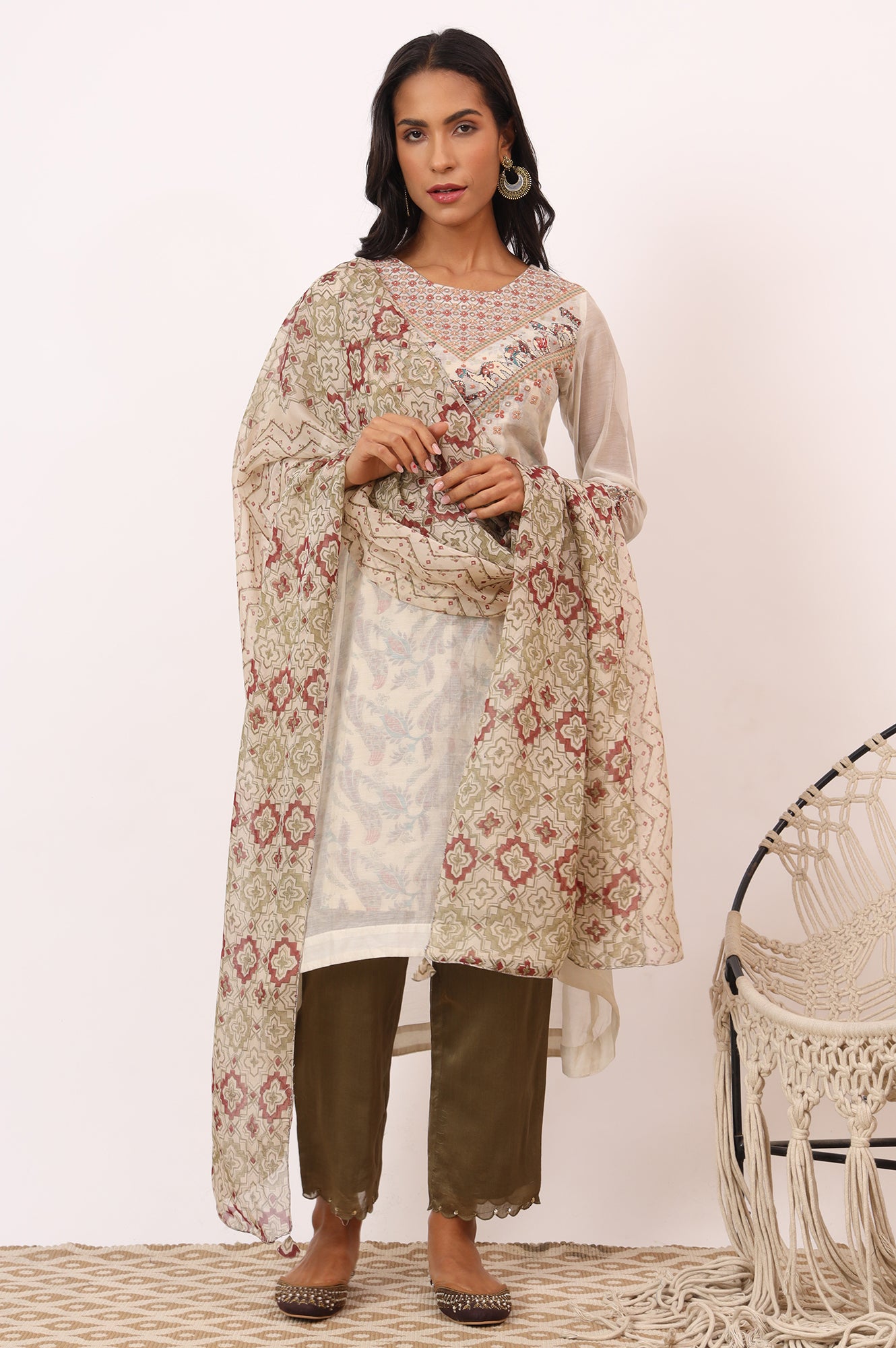 Ecru Cotton Silk Appliqué Embroidered Kurta, Pants and Dupatta Set