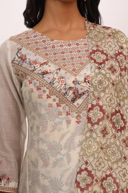 Ecru Cotton Silk Appliqué Embroidered Kurta, Pants and Dupatta Set