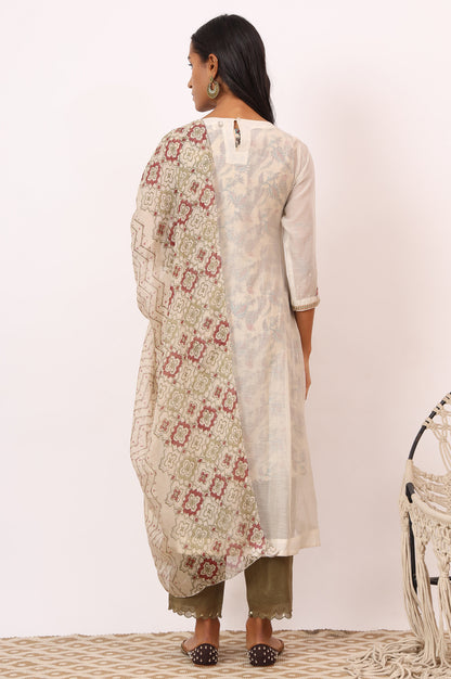 Ecru Cotton Silk Appliqué Embroidered Kurta, Pants and Dupatta Set