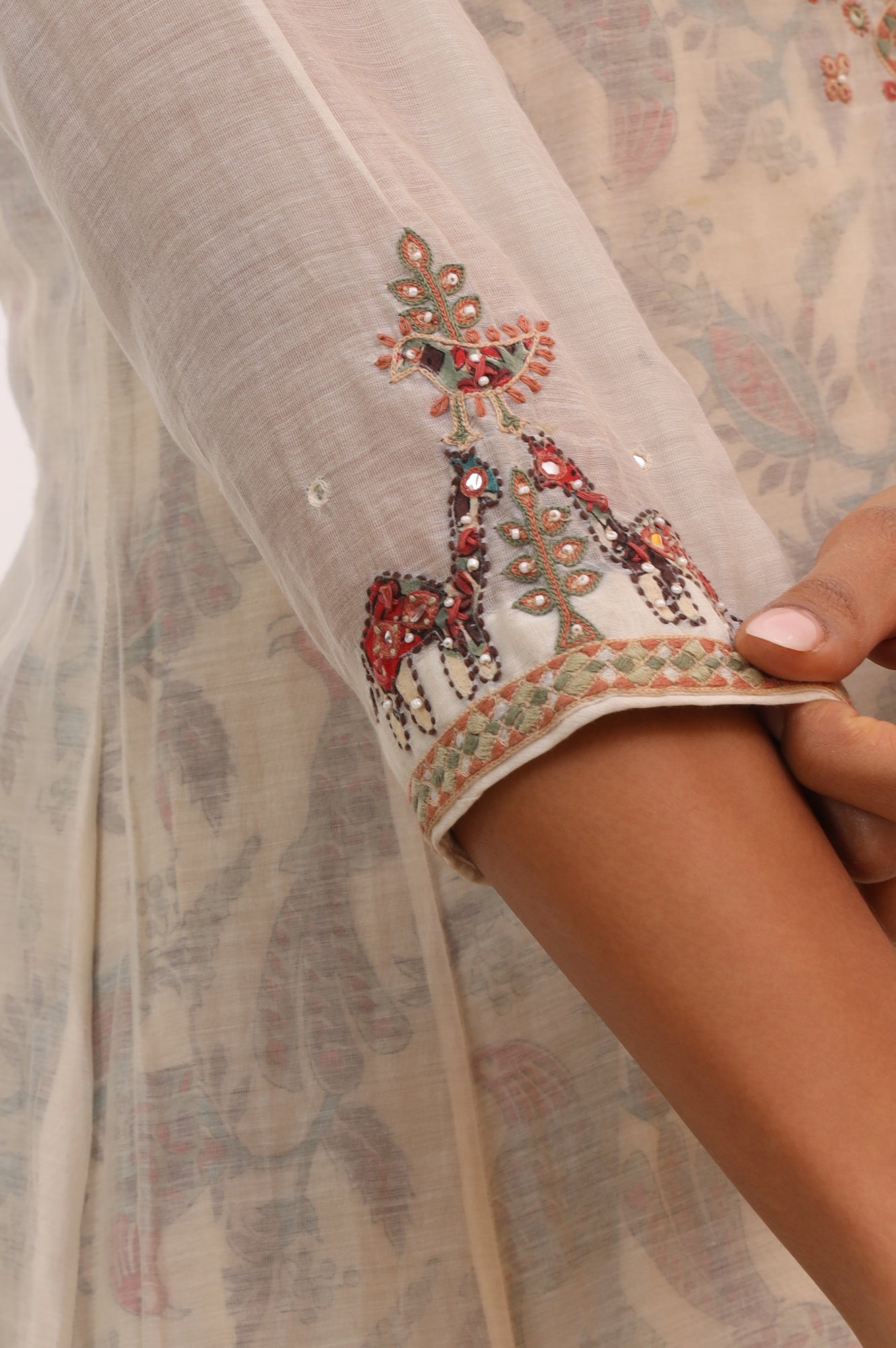 Ecru Cotton Silk Appliqué Embroidered Kurta, Pants and Dupatta Set