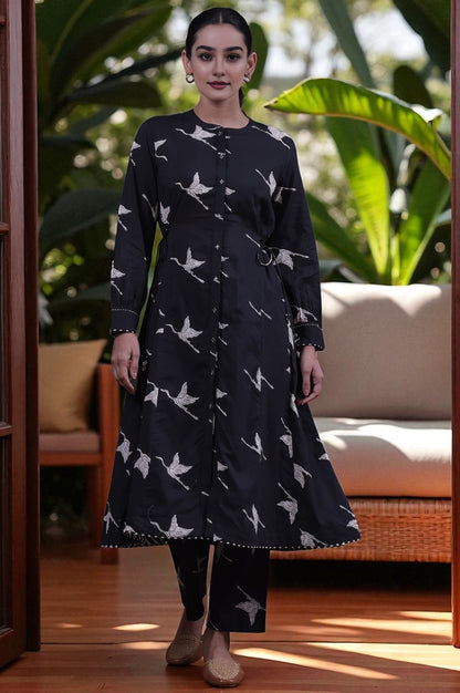 Animal Printed Mirror work A-line Pure Cotton Kurta with Straight Pants Set