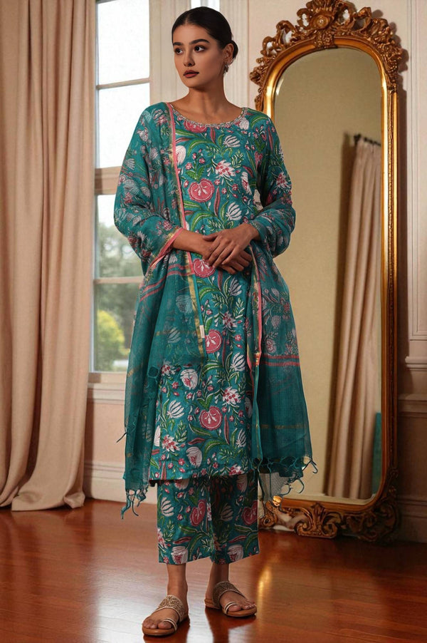 Floral Printed Mirror work A-line Viscose Kurta & Straight Pants with Dupatta Set