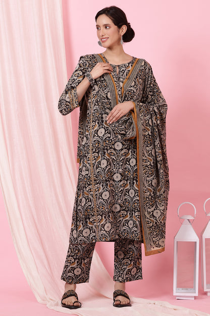 Dark Espresso Kalamkari Printed Kurta, Pants and Dupatta Set