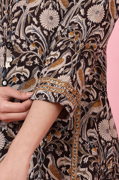 Dark Espresso Kalamkari Printed Kurta, Pants and Dupatta Set