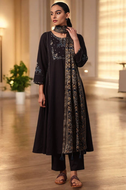 Printed Thread Embroidery Flared Pure Cotton Kurta &amp; Straight Pants with Dupatta Set