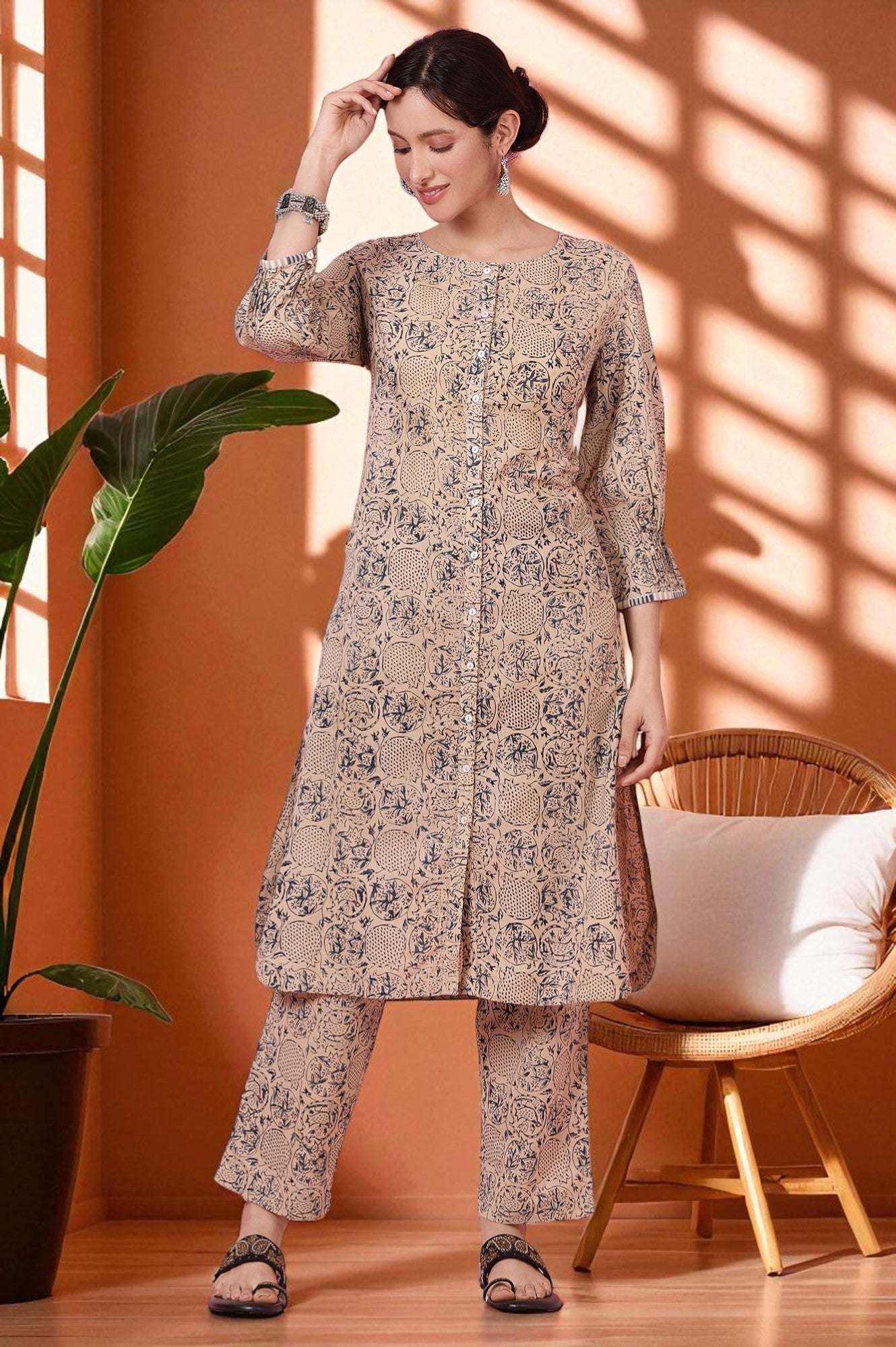 Beige Kalamkari Handblock Printed Co-ord Set