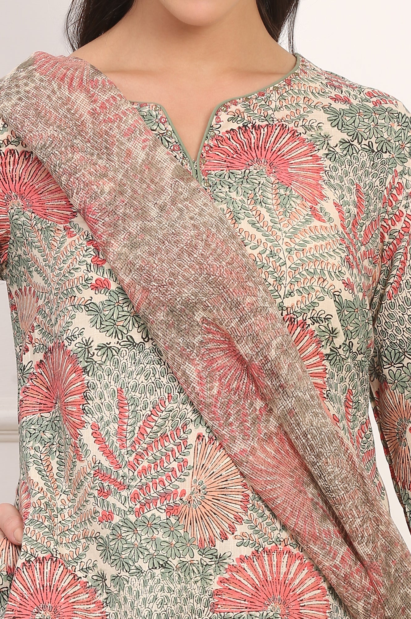 Off-White Floral Handblock Printed Pure Cotton Straight Kurta, Pants and Dupatta Set