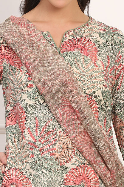 Off-White Floral Handblock Printed Pure Cotton Straight Kurta, Pants and Dupatta Set