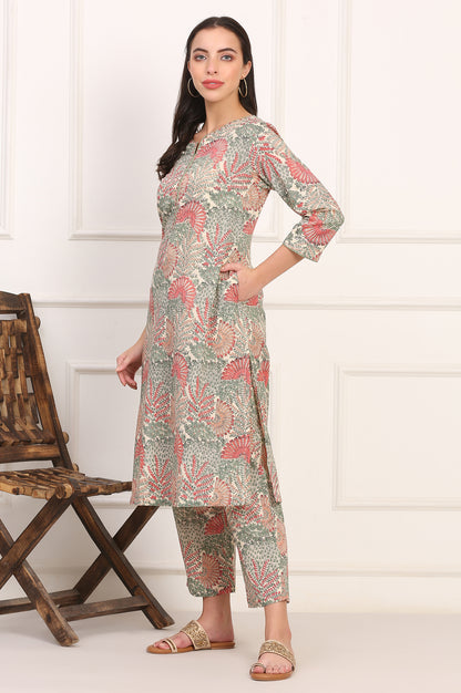 Off-White Floral Handblock Printed Pure Cotton Straight Kurta, Pants and Dupatta Set